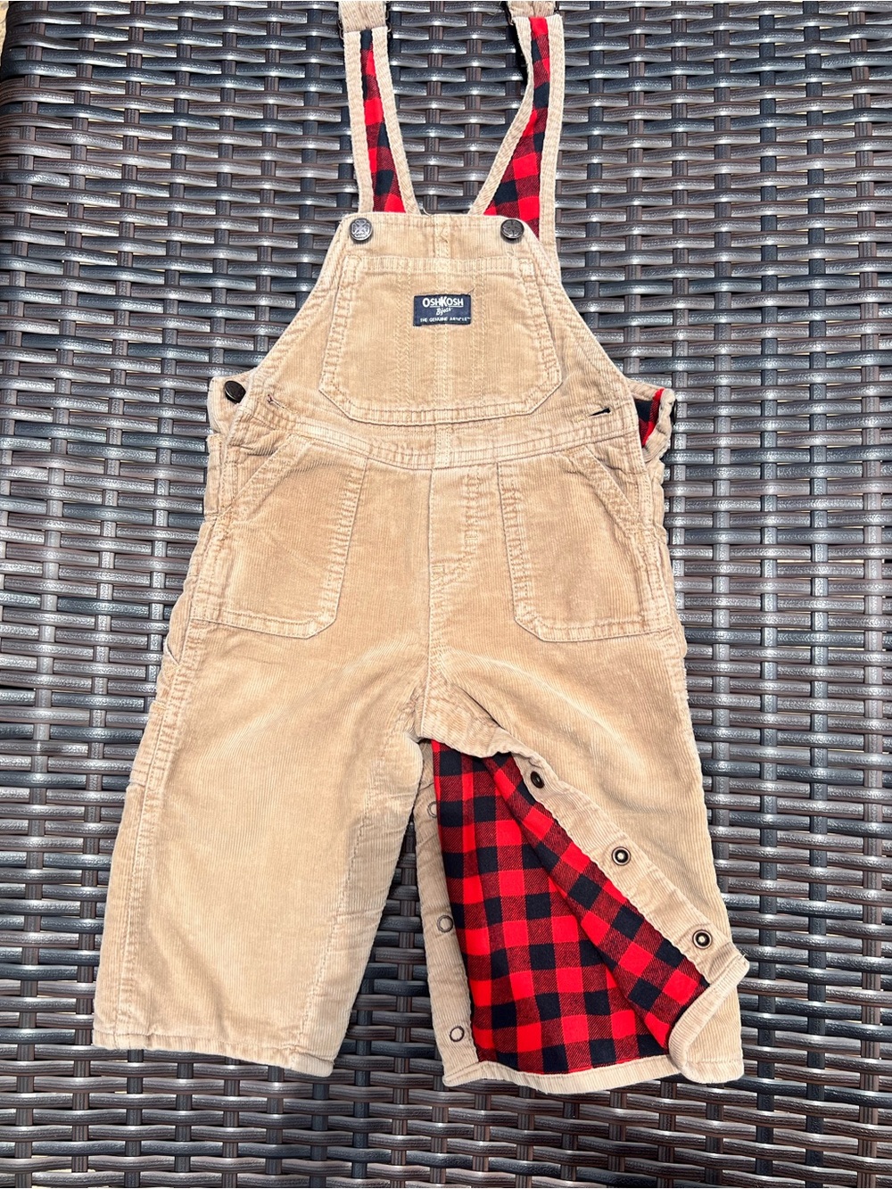 OshKosh B'gosh Tan Corduroy Overalls with Red Plaid Lining 18M